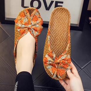女男韩版 藤草编织亚麻拖鞋 蝴蝶结包头凉席竹编居家清凉 夏季 新款