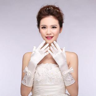 结婚手套新娘婚纱礼服饰手套全指对花缎缝珠蝴蝶节白色手套