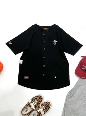 纽扣开衫式短袖T恤 黑色美式复古圆领纯棉棒球衫运动宽松上衣外套