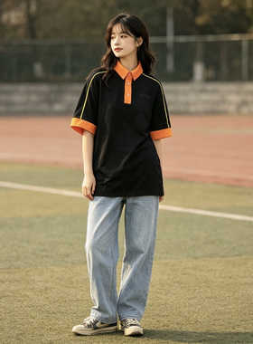 复古运动宽松短袖POLO衫女