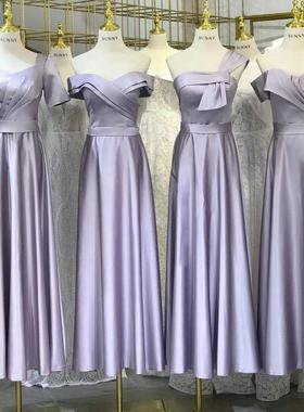 《定制》250斤胖MM2024新款显瘦紫色缎面伴娘服学生礼服简约日常