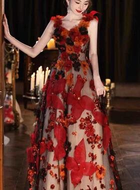 《定制》红色晚礼服裙女2024新款高级小众高端气质宴会主持成人礼