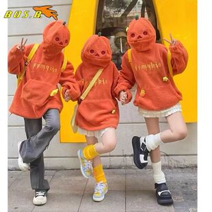 国潮牌美式搞怪万圣节南瓜头口袋卫衣男女秋冬情侣2025新款外套潮