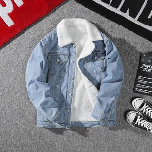 宽松夹克保暖棉服 牛仔外套加绒加厚羊羔绒毛领棉衣韩版 秋冬季 男士