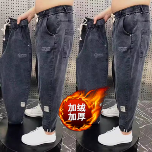 子秋冬季 加肥加大潮流老爹胖子耐磨休闲裤 弹力宽松加绒牛仔裤 男士