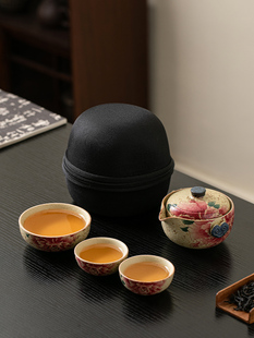 覆古手抓茶壶茶杯户外露 蓝白无声风格 燧石红色便携式 旅行茶具套装