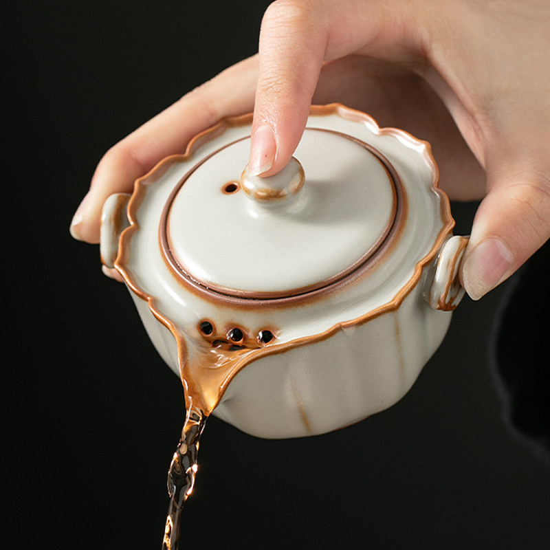 米黄汝窑茶壶单个盖碗功夫茶具开 片可养小号泡茶器陶瓷家用手抓