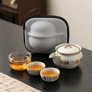 旅行茶具小套装 萌趣猫咪便携式 可爱女士手抓泡茶壶茶杯露营快客杯