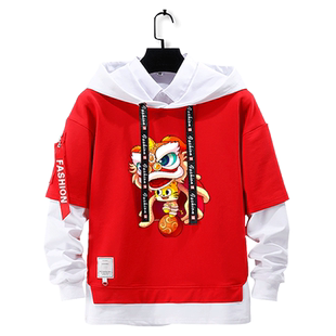 2022年虎年本命年舞狮虎国潮假两件连帽卫衣男女儿童装学生款外套