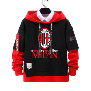 AC米兰队莱奥吉鲁足球迷服假两件连帽卫衣男女儿童装学生带帽外套