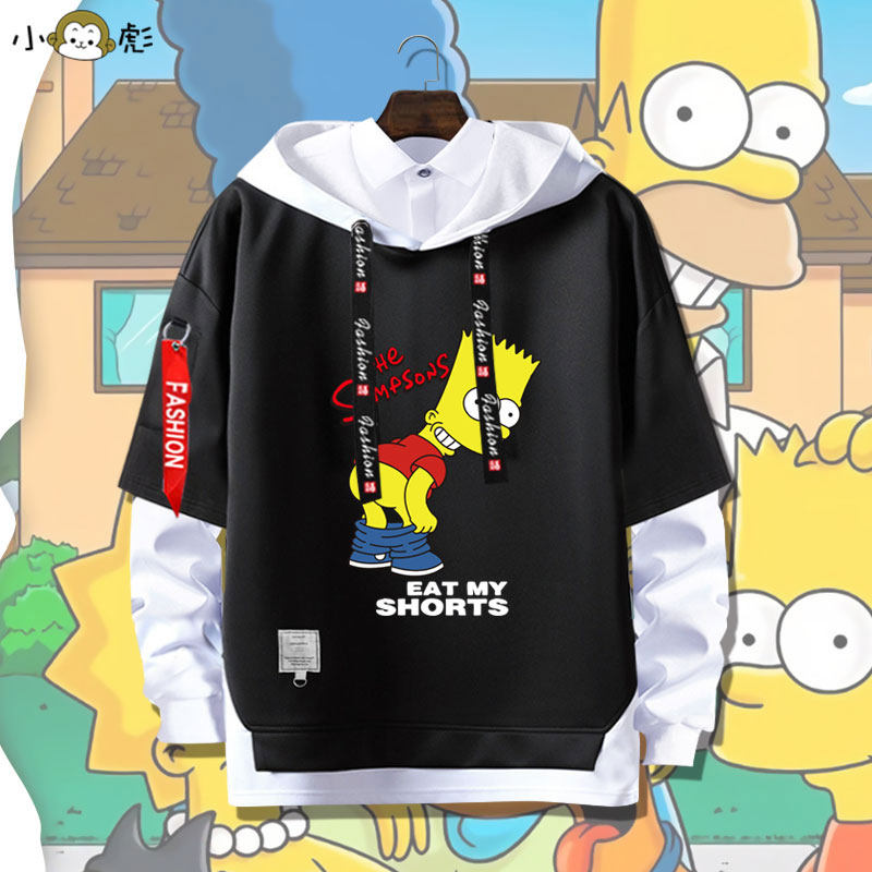 动漫辛普森联名假两件连帽卫衣男女大中儿童装小学生款外套带帽衫