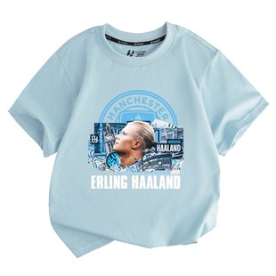 哈兰德曼城队服蓝月亮足球迷服短袖t恤衫男女儿童装学生宝宝半袖