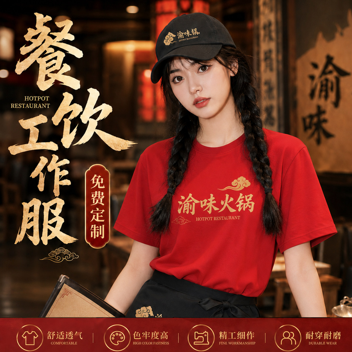 火锅店服务员纯棉工作服夏季短袖圆领T恤餐饮制服定制印logo刺绣