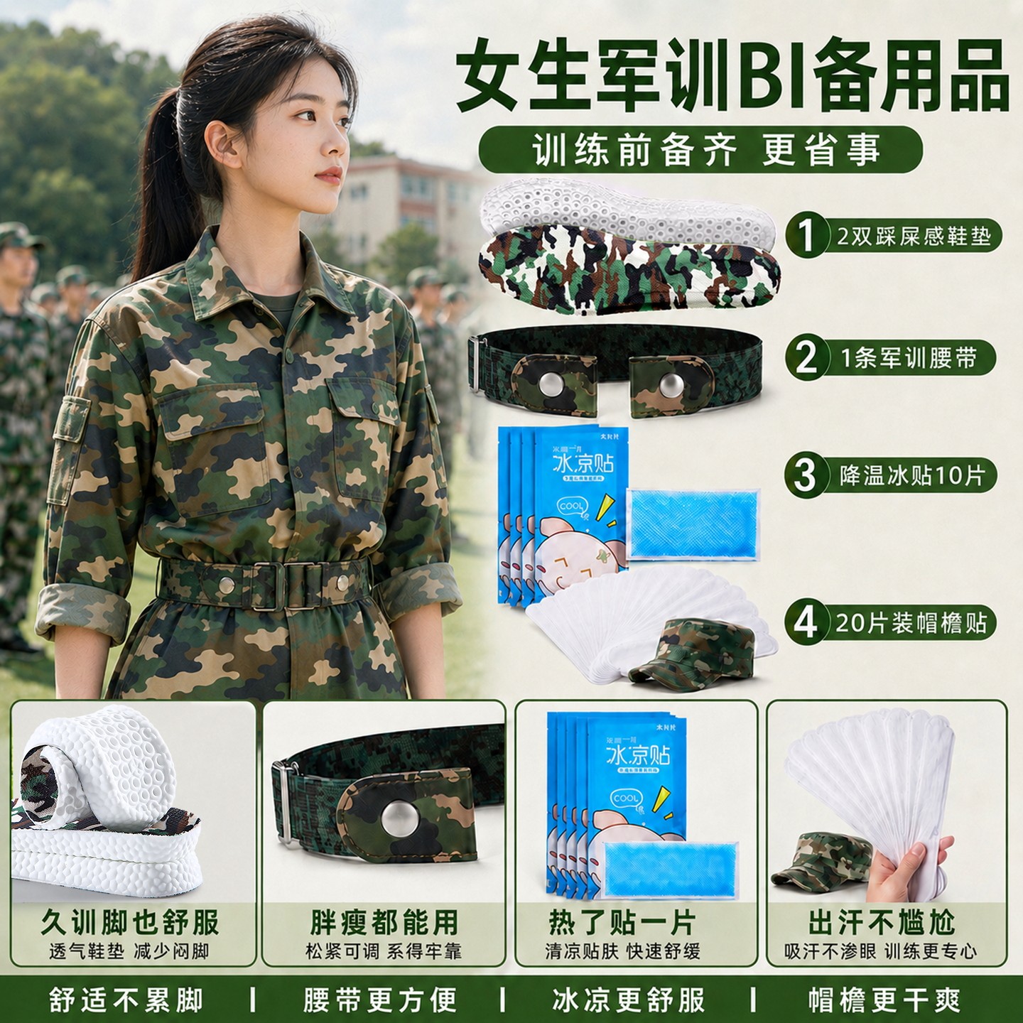 军训腰带冰凉贴帽檐贴防臭鞋垫