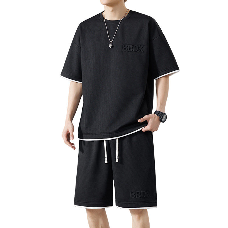 夏季M-8XL大码胖男生假两件宽松休闲运动短袖套装TZ01-P50控69,男装休闲套装,星座209