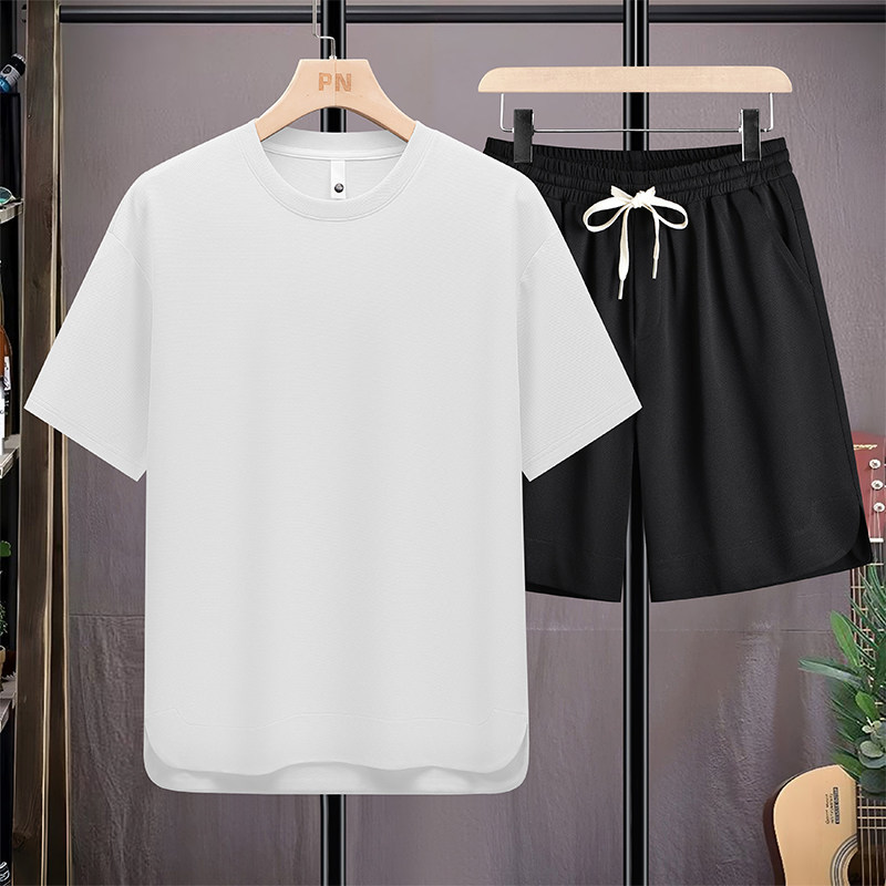 M-8XL大码胖男生时尚宽松五分裤休闲运动圆领套装男 TZ35078-P50图片