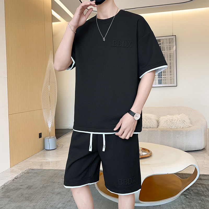 夏季M-8XL大码胖男生假两件宽松休闲运动短袖套装TZ01-P50控69,男装休闲套装,星座209
