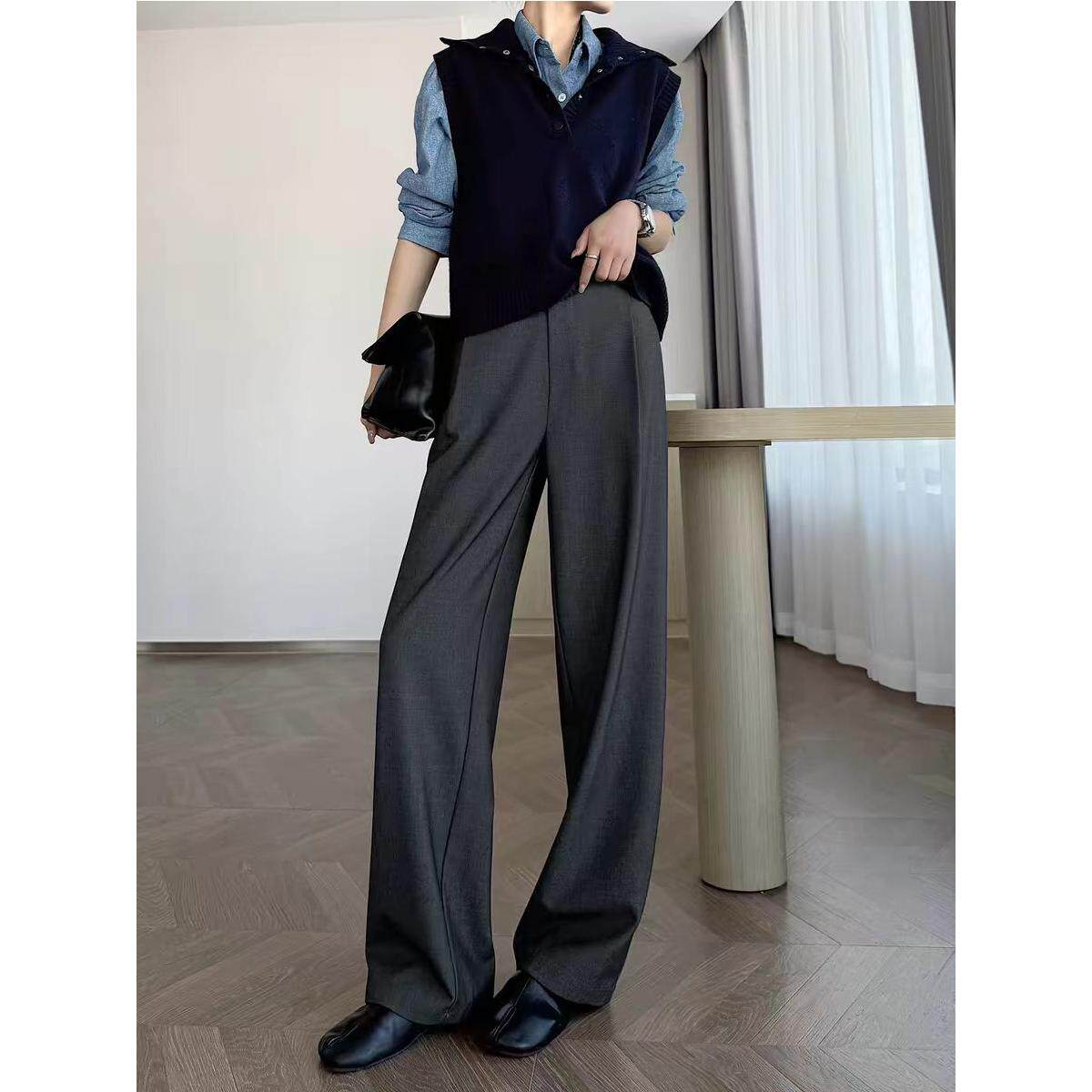 灰色西装裤女春秋高级感垂感老钱风直筒裤宽松慵懒高腰窄版阔腿裤