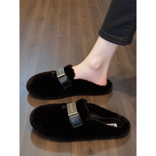 黑色法式包头毛毛拖鞋女秋冬2025新款外穿毛茸茸半拖鞋平底孕妇鞋
