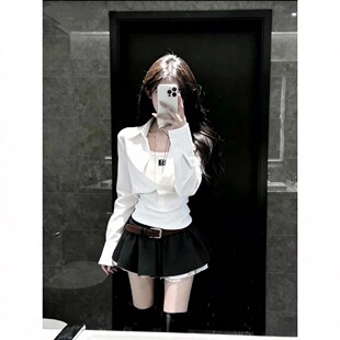 女高腰百搭a字短裙套装 2026年春夏新款 衬衫 收腰翻领长袖 白色修身