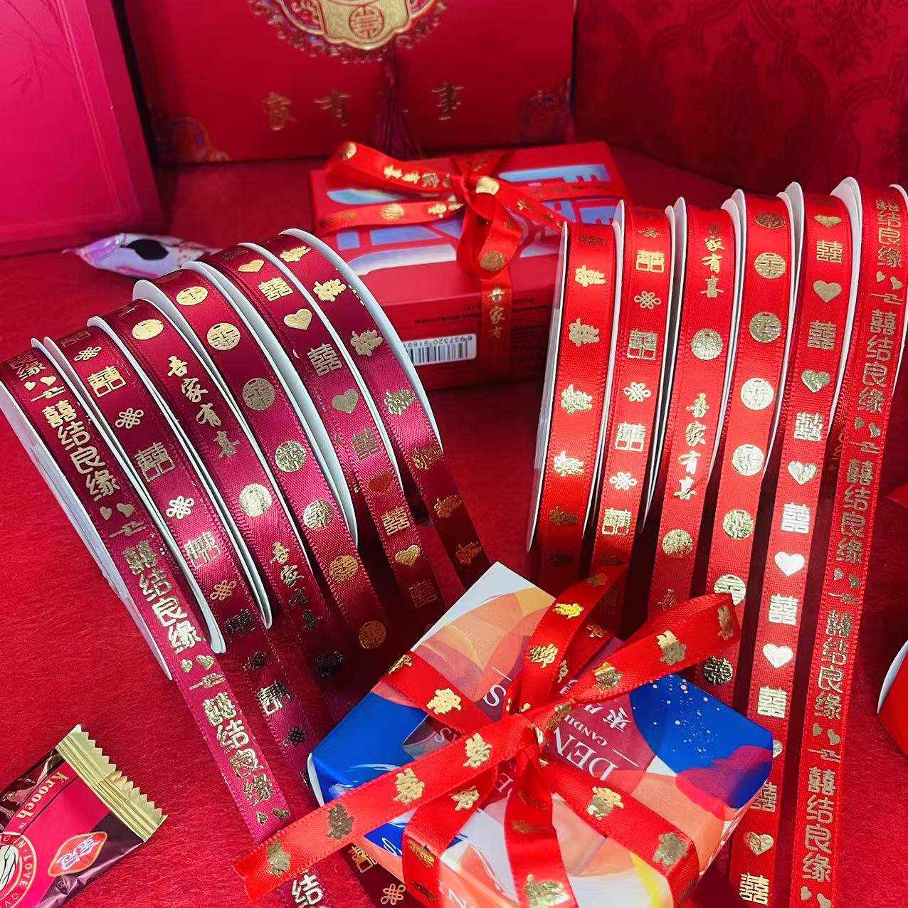 大红色婚庆烫金喜字彩带diy手工材料装饰绑带喜庆红色婚庆红绸带
