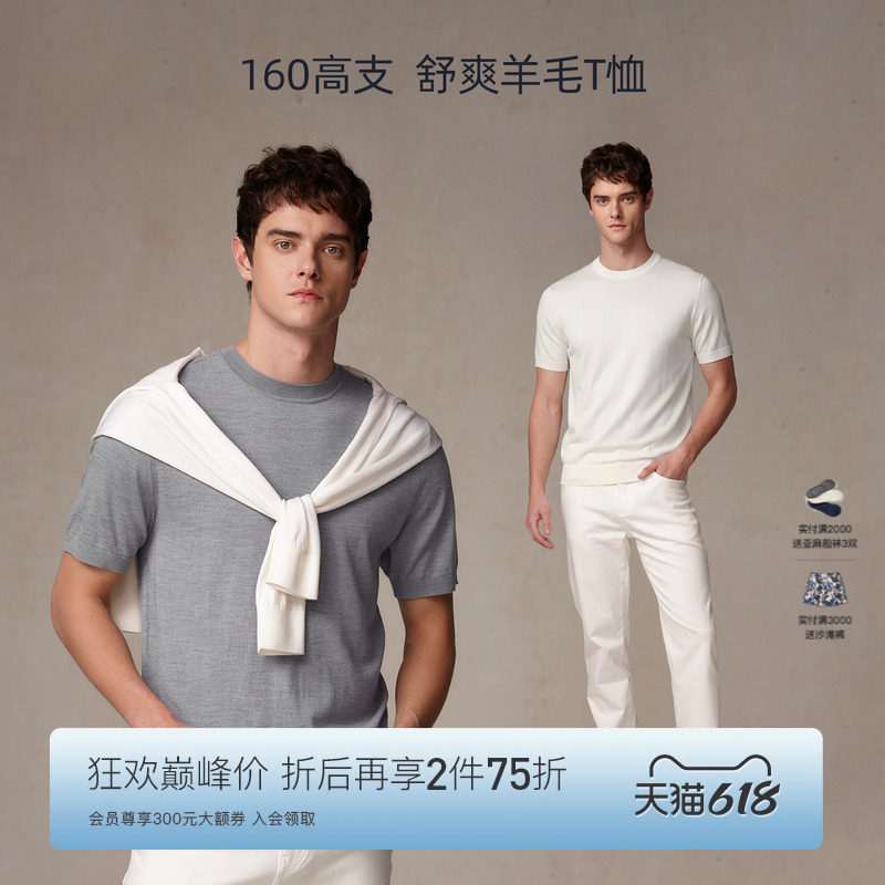 【100%绵羊毛】东博利尼夏季纯色圆领高支羊毛T恤男老钱针织上衣