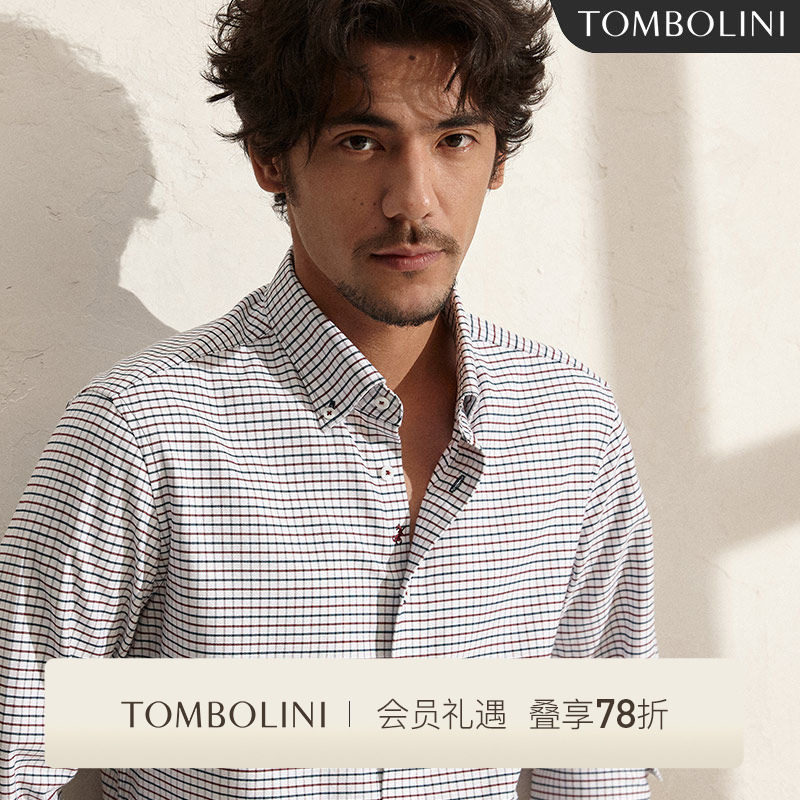 TOMBOLINI东博利尼格子衬衫男士长袖 复古红绿色格子纯棉休闲衬衣
