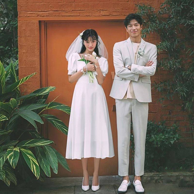 法式轻婚纱缎面学生日小礼服领证登记小白裙女简约订婚旅拍连衣裙