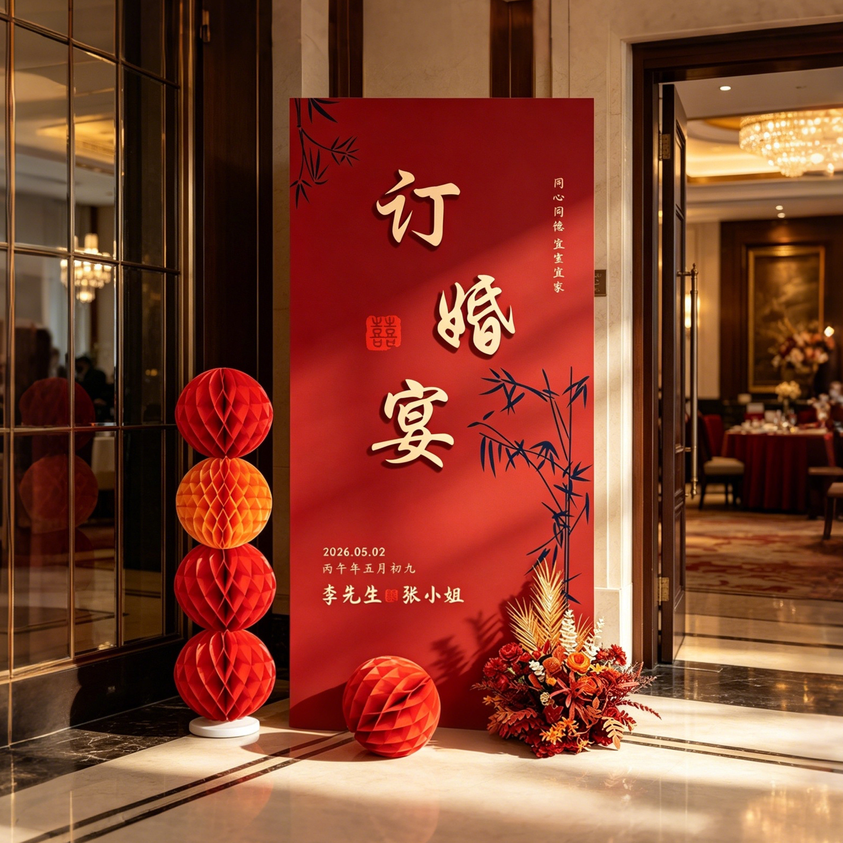 中式婚礼订婚迎宾牌KT板定制图片