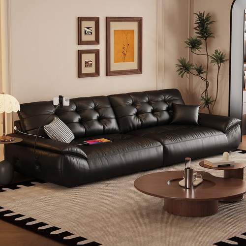 云朵三人直排沙发黑色真皮沙发现代客厅中古风新款多功能头层牛皮