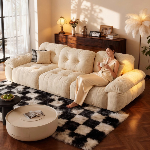 法式奶油风雪尼尔棉花糖沙发现代极简客厅布艺沙发可调节云漫直排