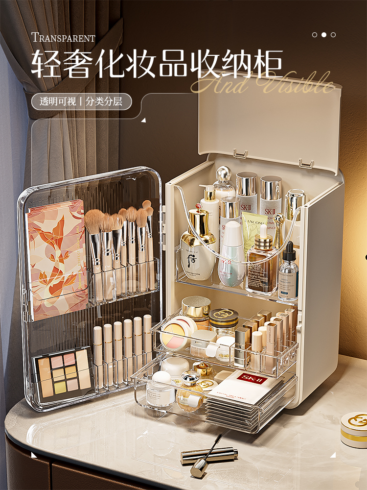 轻奢风化妆品收纳盒防尘梳妆台护肤品桌面抽屉置物架大容量化妆盒
