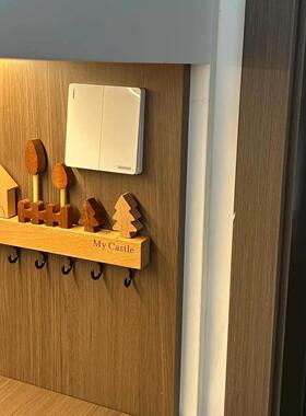 钥匙收纳玄关摆件壁挂式免打孔收纳层架榉木挂钩中古风门口墙上装