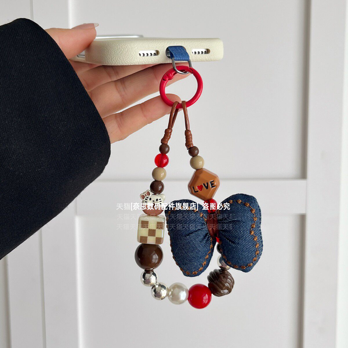 甜酷少女手机链耐用挂饰牛仔蓝公仔挂链可爱蝴蝶结猫咪手腕挂绳串珠精致链条手工布艺个性手链包包挂件腕带壳