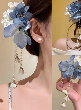新中式复古蓝色花朵发夹女流苏长款高级感氛围感温柔日常小众发饰