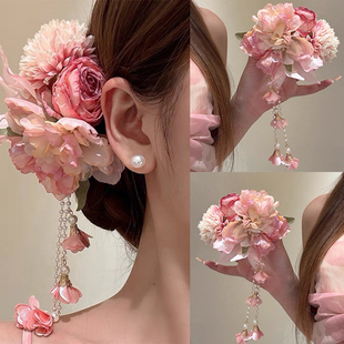 新古风中式 氛围感汉服粉色花朵发夹女超仙流苏夹旗袍旅拍照头发饰