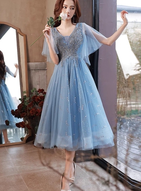 蓝色大码晚礼服胖mm高端宴会气质修身仙气生日聚会高级感小个子夏