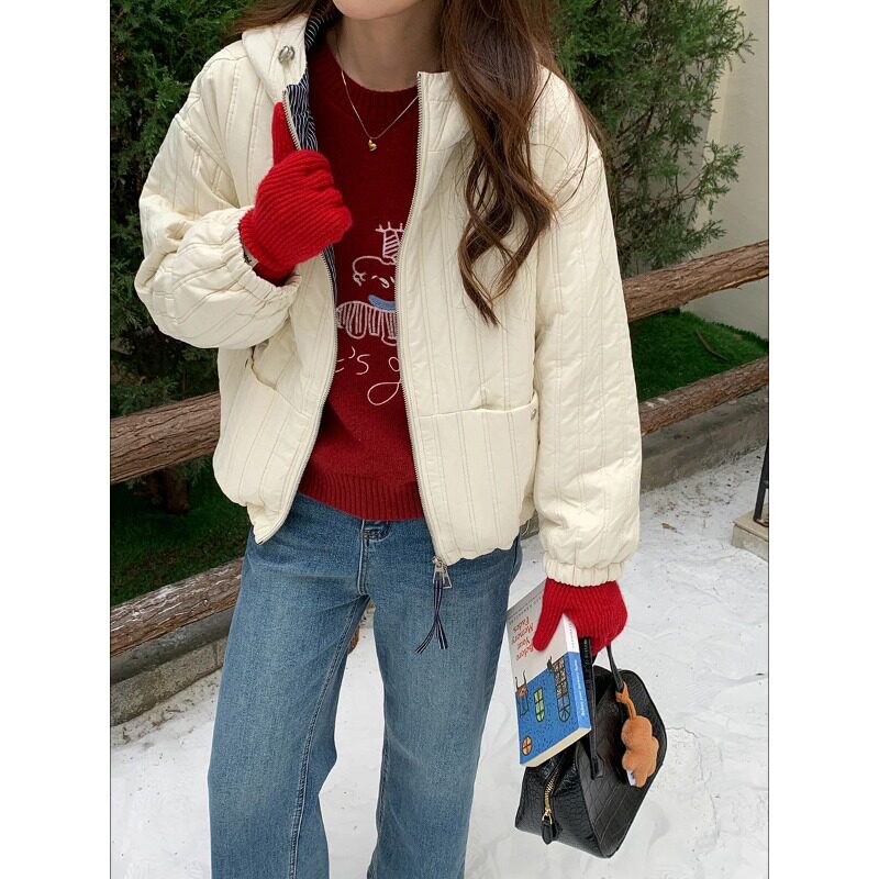 赴裳 2026新款  首尔暖日 休闲连帽竖纹衔缝轻薄棉服外套女士女装