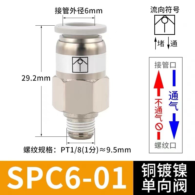 单向阀螺纹直通SPC6-01/8-02气动气管快插止回阀接头止逆阀门SPU4