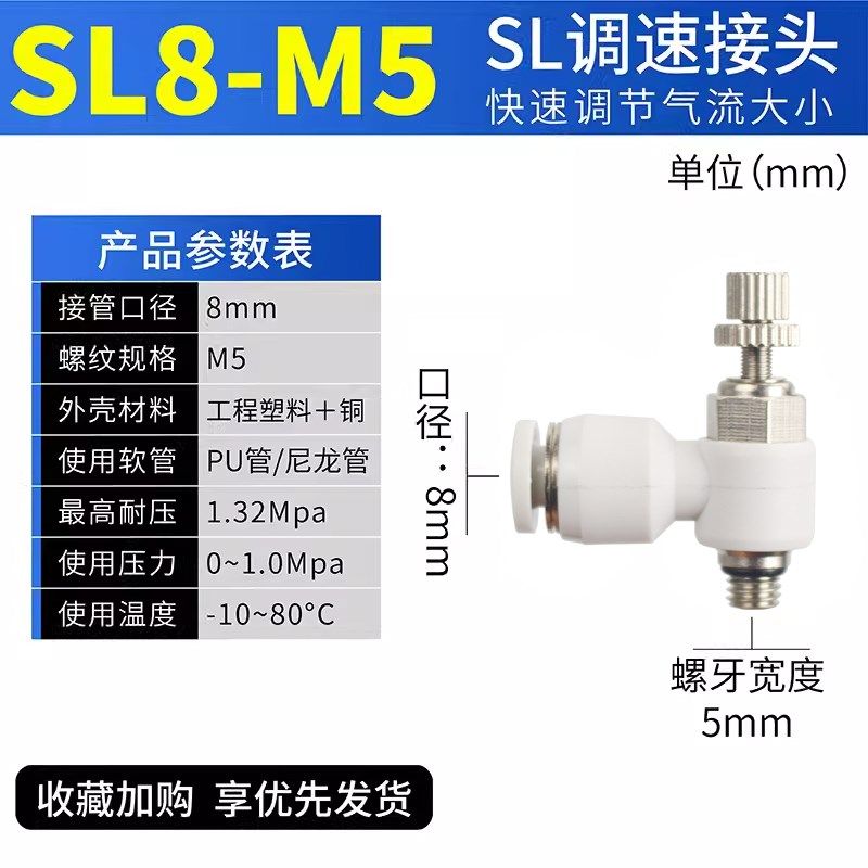 气动快插气管快速接头8mm节流阀气缸调速4-M5/6SMC亚德客型快接头