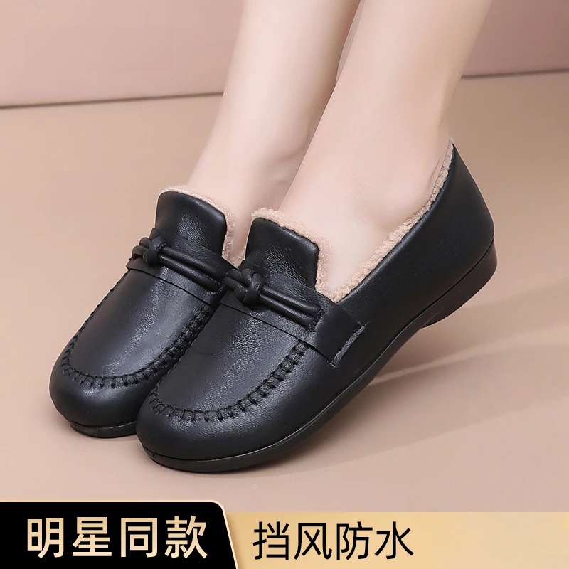 冬季加绒棉鞋防滑保暖中老年一脚蹬软底妈妈棉鞋防水轻便舒适抗寒