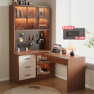 实木转角书桌书架一体桌家用儿童学习桌带书柜组合新款拐角电脑桌