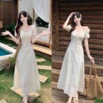 2026新款法式连衣裙减龄温柔风方领碎花连衣裙女镂空设计感长裙子