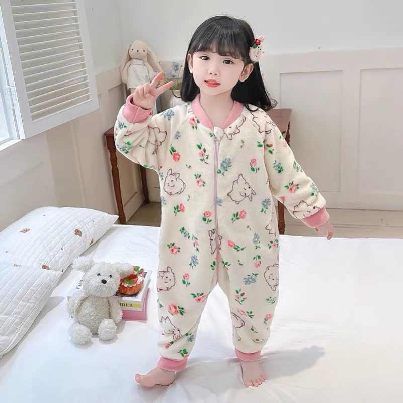 男童拉链连体睡衣秋冬季女孩法兰绒加厚防踢睡袋儿童珊瑚绒家居服
