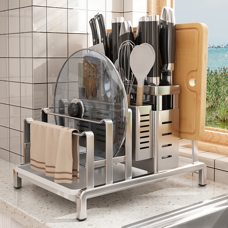 304不锈钢砧板架刀架一体多功能厨房收纳架锅盖架台面刀筷置物架