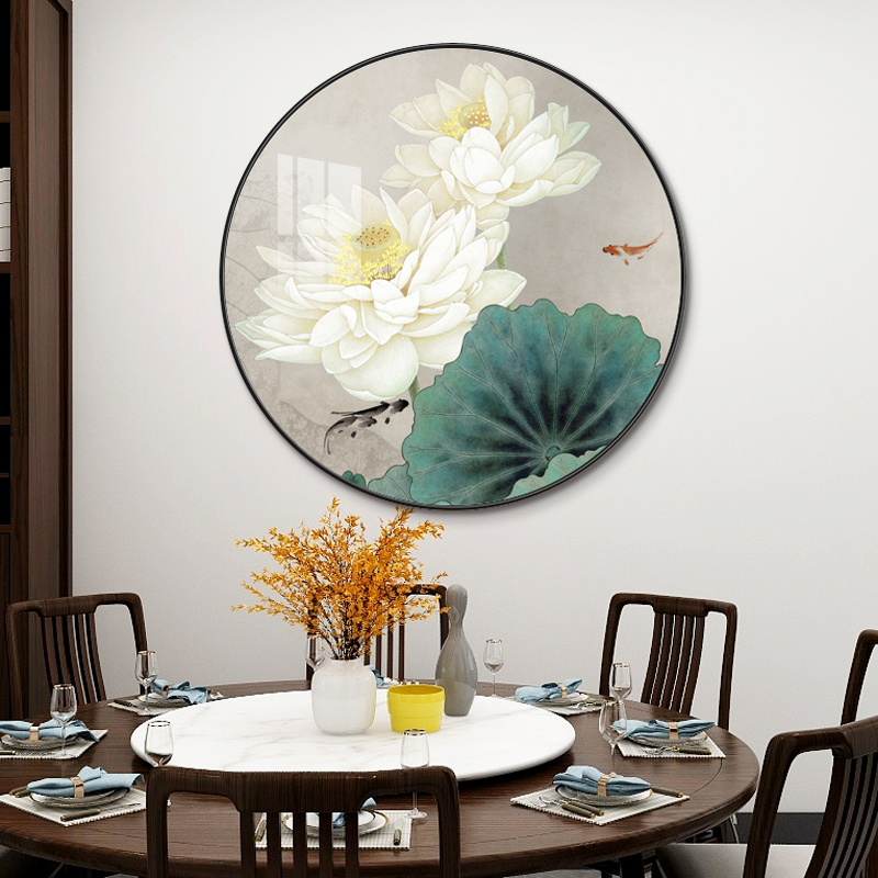 新中式玄关装饰画荷花圆形晶瓷水墨画中国风禅意山水画过道墙壁画图片