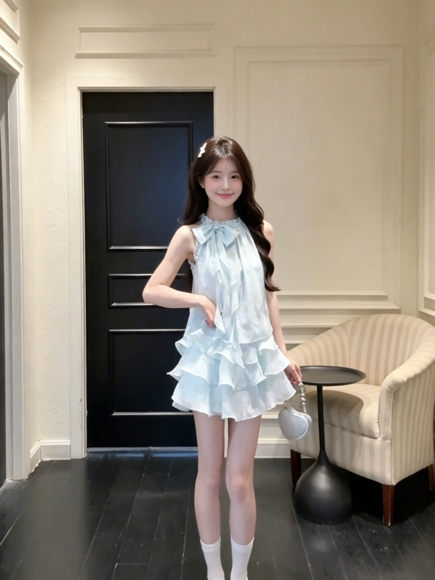 Beautiful Seaside Resort-Style Blue Halterneck Dress for Women, New Summer Style with Bow Design, Tiered Mini Dress