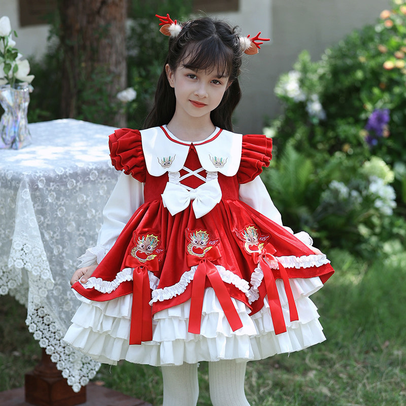 枝芽童装秋冬新款红色洛丽塔连衣裙儿童高端龙年年服丝绒蓬蓬裙子,童装/婴儿装/亲子装,连衣裙,淘宝优惠券,粉丝福利购,淘宝优惠卷