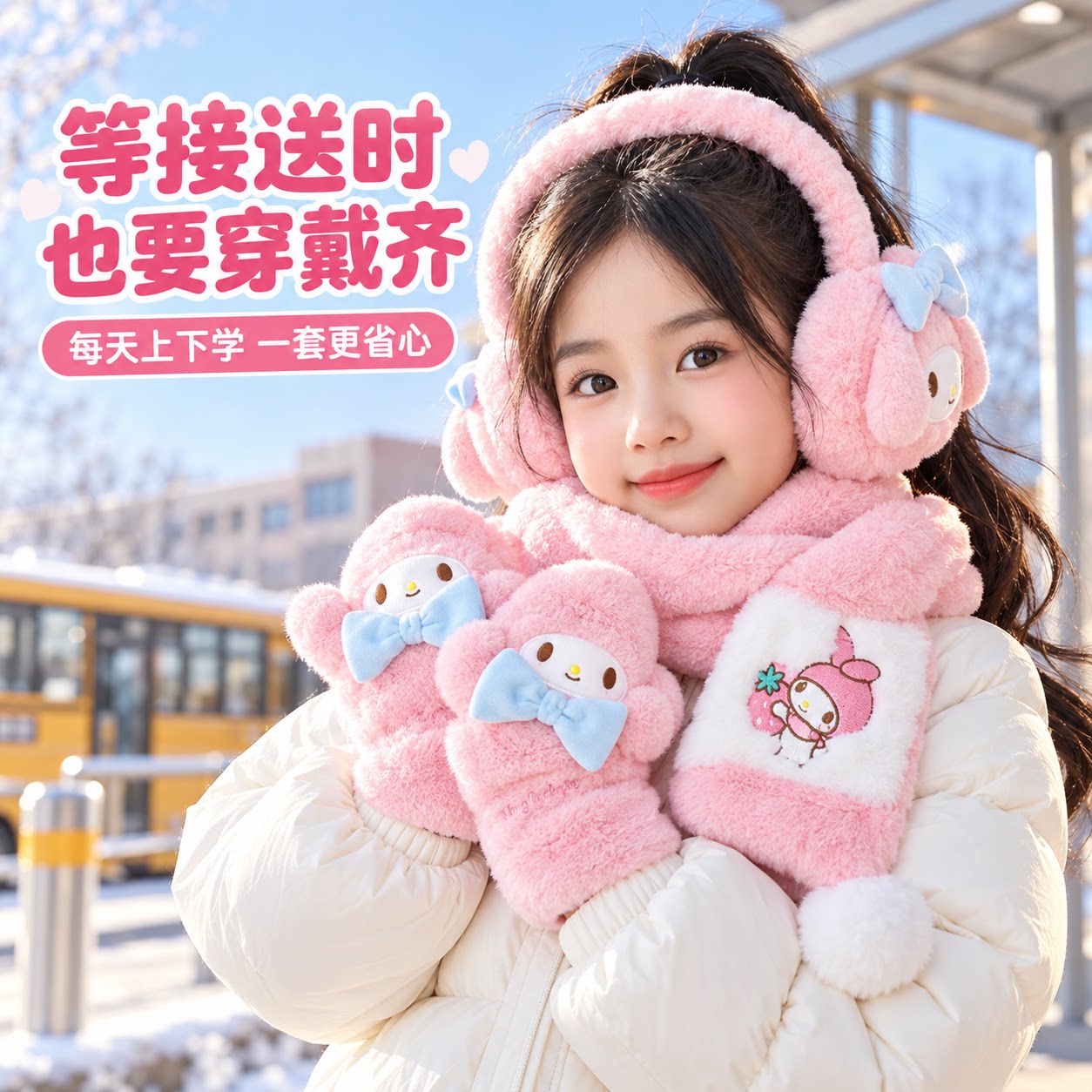 美乐蒂儿童不分指手套冬季保暖小女孩户外高颜值可爱帽子围巾礼物