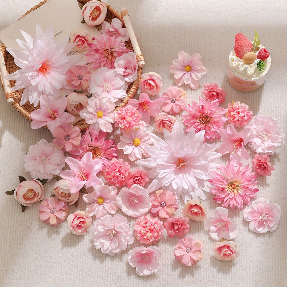 玫红系仿真花朵组合套餐假花绢花花头手工diy材料包汉服头饰配件